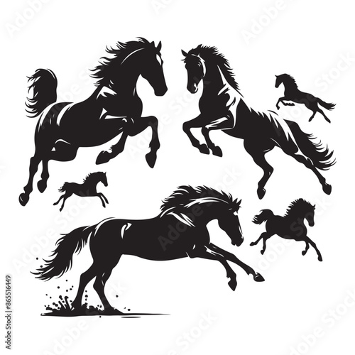 Black silhouettes of horses jumping, vector