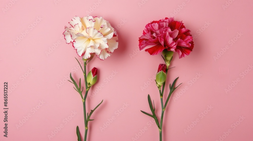 Fototapeta premium Two carnations on pink background