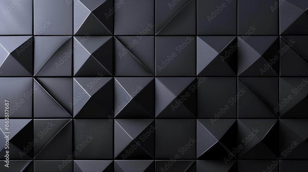 Obraz premium Polished, Semigloss Wall background with tiles. Triangular, tile Wallpaper with 3D, Black blocks. 3D Render --ar 16:9 --v 6 