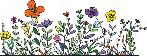 Hand-drawn wildflowers meadow. Black and white doodle wildflowers and grass plants. Monochrome floral elements.