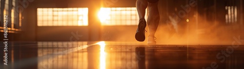 Silhouette of a runner in a warm, sunlit indoor space.