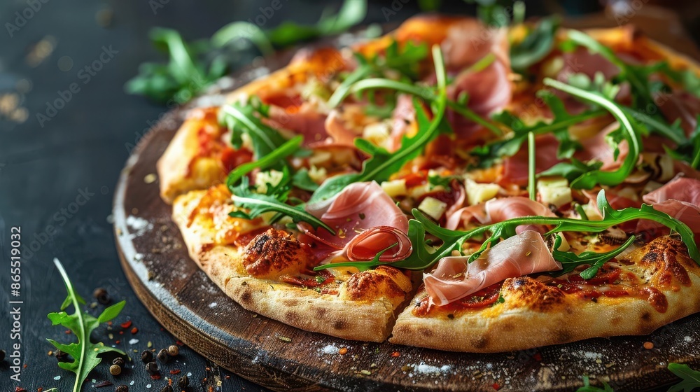 A delicious pizza topped with prosciutto and arugula. The pizza is on a wooden board and surrounded by black peppercorns. A delicious pizza topped with prosciutto and arugula. The pizza is on a wooden board and surrounded by black peppercorns.