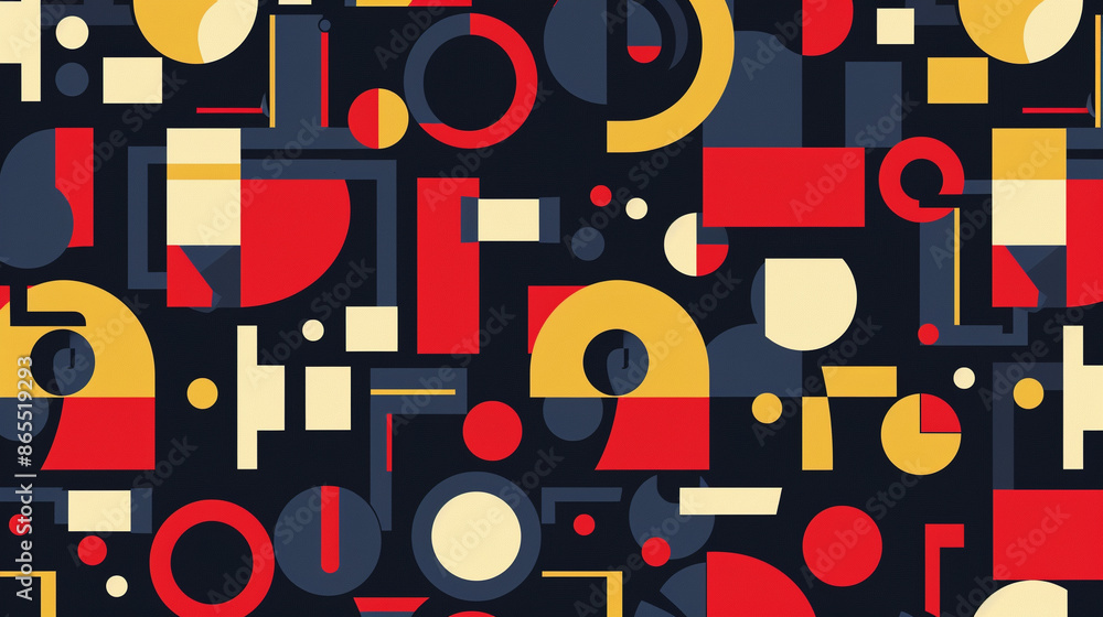 Dark navy blue, bright scarlet red, & light lemon yellow Bauhaus Seamless Pattern Dark navy blue, bright scarlet red, & light lemon yellow Bauhaus Seamless Pattern
