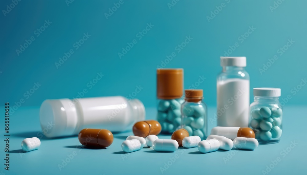 Various pill bottles, some scattered with tablets and capsules, are set against a minimalist blue background, ideal for health and wellness themes Various pill bottles, some scattered with tablets and capsules, are set against a minimalist blue background, ideal for health and wellness themes