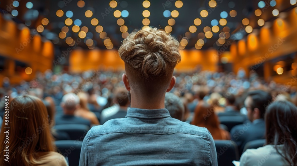 Fototapeta premium Back view of a man in front of a crowd of people