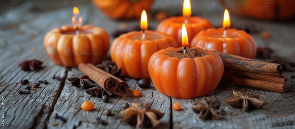 Pumpkin-shaped candles and aromatic coffee surrounded by star anise and cinnamon on a wooden surface. Warm and inviting home decorations with a festive theme. Pumpkin-shaped candles and aromatic coffee surrounded by star anise and cinnamon on a wooden surface. Warm and inviting home decorations with a festive theme.