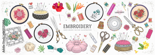 Set of hand drawn embroidery tools and supplies isolated on white background. Embroidery frame, spool, needle, scissors, pin cushion, embroidered flowers. Vector illustration