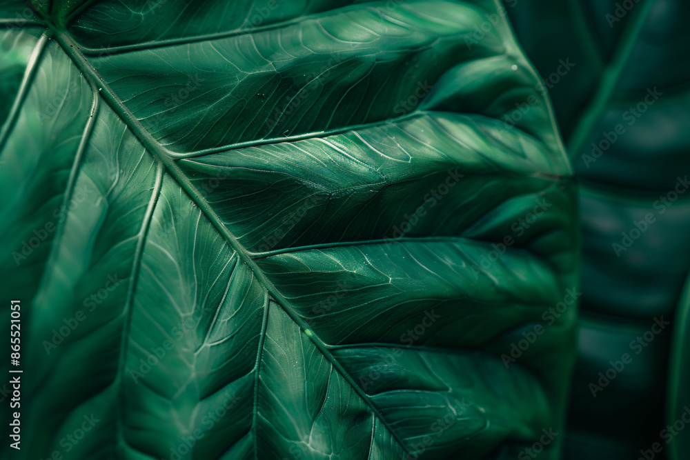 Obraz premium Green leaf texture background, close-up of the veins on one side of an elegant tropical green leaf, macro photography, symmetrical composition, detailed texture, vibrant colors, natural lighting, gree