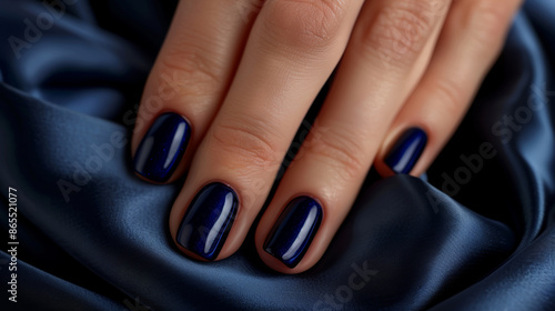 Nail art design. Closeup to woman hands with elegant navy blue manicure on blue silky background © vejaa