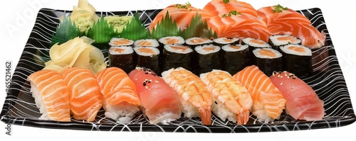 Wallpaper Mural A diverse assortment of sushi featuring nigiri, sashimi, and rolls, beautifully arranged on a stylish black platter. Torontodigital.ca