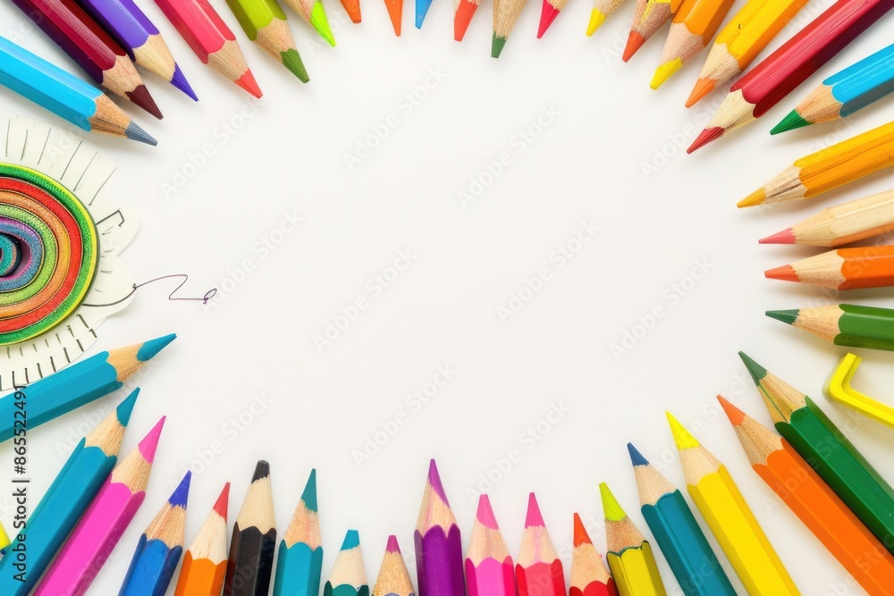 Fototapeta premium Colorful Children's Drawings Background with Rainbow Spiral and Crayons for Creative Projects