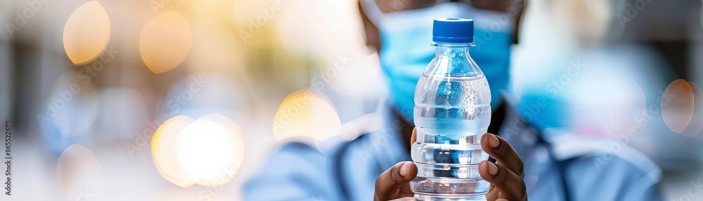 Health worker handing out water bottles under a heat warning sign, Heat Warnings, public health response Health worker handing out water bottles under a heat warning sign, Heat Warnings, public health response