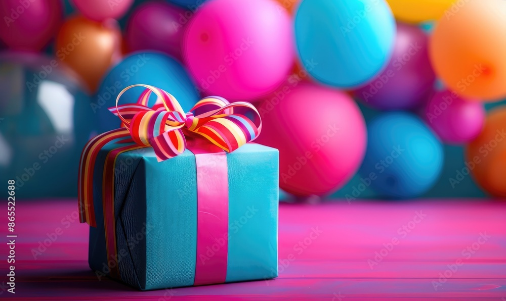 Birthday Gift with Colorful Balloons in the Background Birthday Gift with Colorful Balloons in the Background