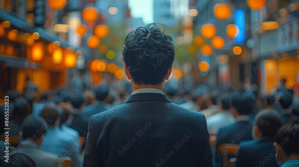 Back view of a man in front of a crowd of people Back view of a man in front of a crowd of people