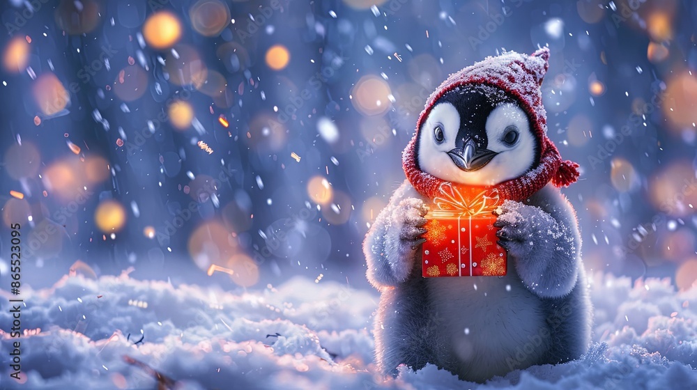 A cute penguin chick stands in a snowy landscape, holding a festive gift box adorned with a bow, with a magical wintry background and falling snowflakes. A cute penguin chick stands in a snowy landscape, holding a festive gift box adorned with a bow, with a magical wintry background and falling snowflakes.
