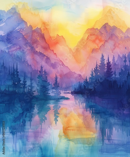 Watercolor Mountain Sunset