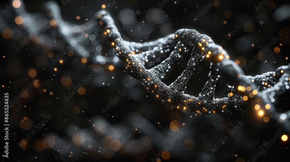 Abstract representation of DNA strand with glowing particles on a dark background Abstract representation of DNA strand with glowing particles on a dark background