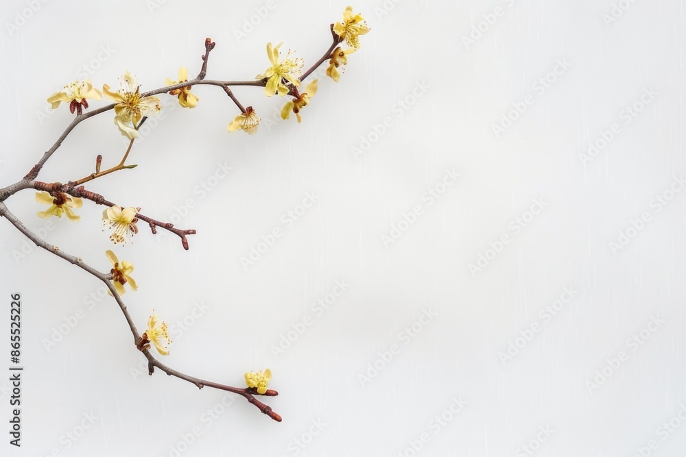 Elegant Witch Hazel Branch Blooming Against Soft White Background for Botanical Designs Elegant Witch Hazel Branch Blooming Against Soft White Background for Botanical Designs