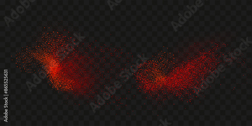 Grainy scatterings of  spicy burst . Splashes of  red pepper powder.Overlay effect chilli or paprika spice splatters. Vector realistic illustration of hot dried spice.