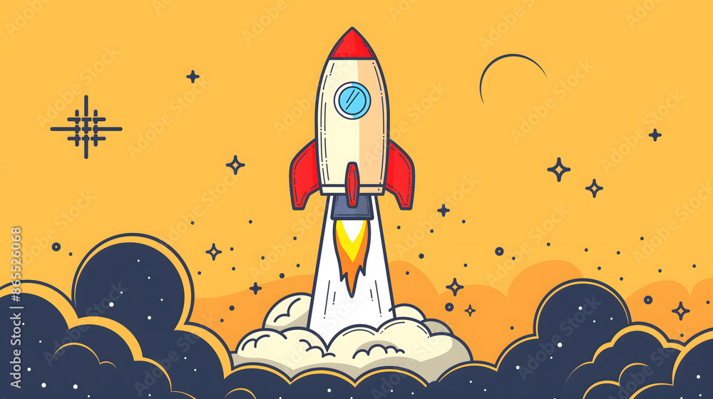 Fototapeta premium Rocket ship taking off, representing a startup company experiencing rapid growth and reaching new heights.
