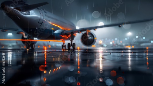 Airplane on runway in the rain at night with lights reflecting in puddles.