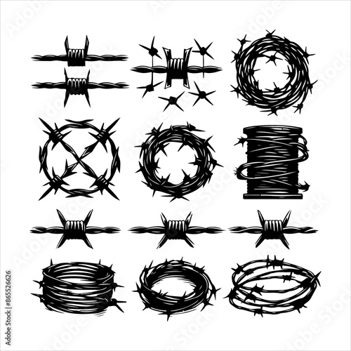 Barbed wire collection vector. Barbed wire logo. Razor Wire in trendy minimal geometric style. Brutal prison fence collection. Isolated barbed wire on a white background