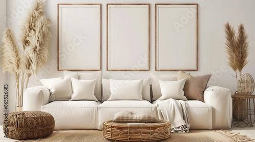 Fototapeta Naklejka Na Ścianę i Meble -  large vertical poster frame mockup in stylish living room interior with gallery wall cozy home decor 3d rendering
