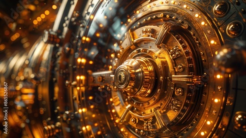 imposing bank vault interior with intricate locking mechanism, financial security concept. A detailed close-up of a bank vault door with intricate locking mechanisms and golden tones, 3d illustration.