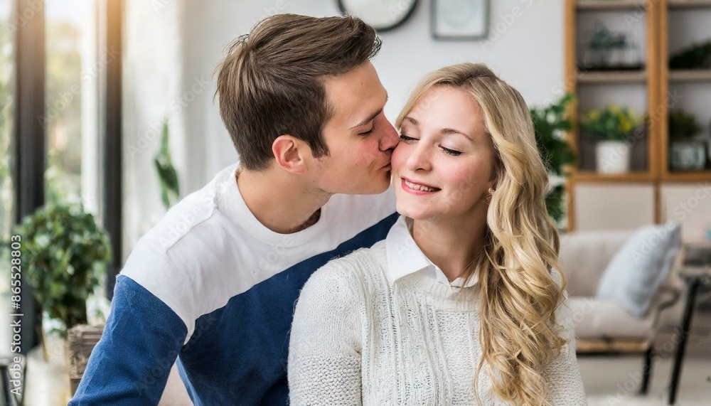 A young couple kissing in the room, interior, romance, love A young couple kissing in the room, interior, romance, love