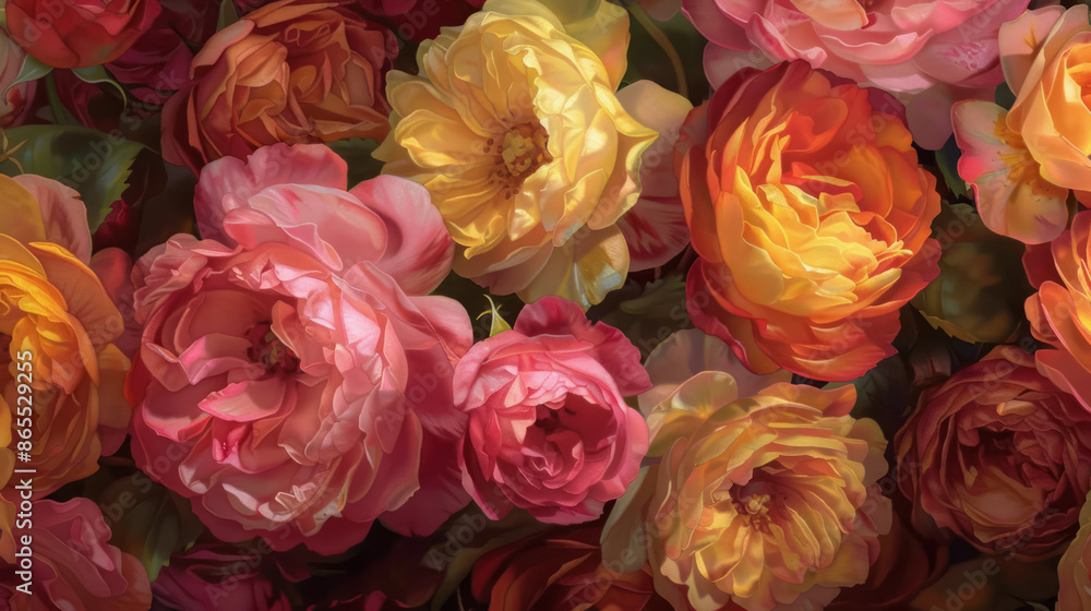 lush display of pink and yellow roses in a romantic floral arrangement lush display of pink and yellow roses in a romantic floral arrangement
