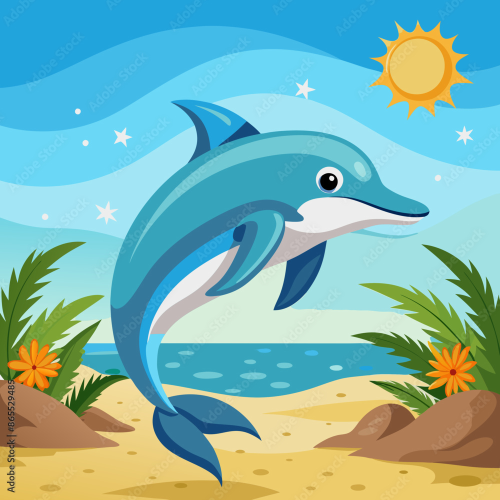 Obraz premium Dolphin preoccupied runs beach vector illustration