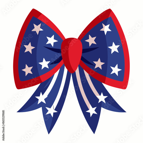 A dark red and blue patriotic bow with white stars, on a white background