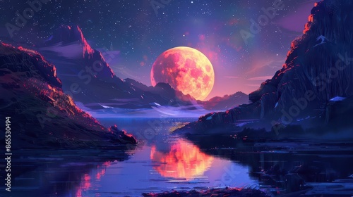 majestic moon reflecting on river at night starry mountain landscape enchanting scenery concept art for book cover or video game