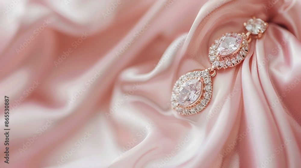 Earrings on beige pink silk background with copy space. Beautiful precious women's jewelry, close-up, top view Earrings on beige pink silk background with copy space. Beautiful precious women's jewelry, close-up, top view