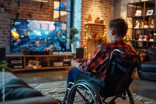 Young Person in Wheelchair Enjoying Video Game in Stylish Living Room - Accessible Gaming Fun