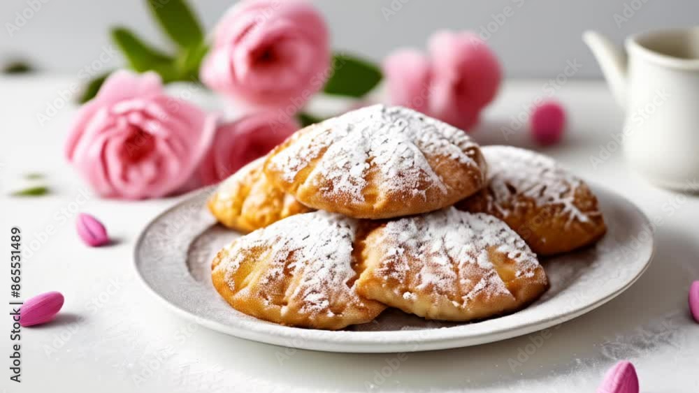 Delicate pastries dusted with powdered sugar ready to be savored Delicate pastries dusted with powdered sugar ready to be savored