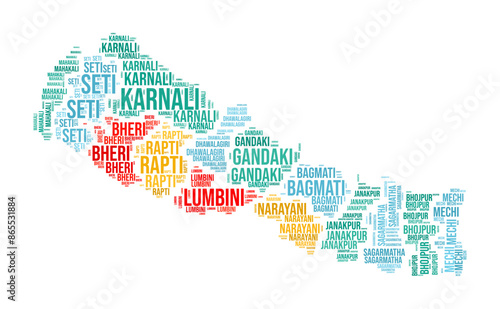 Nepal Word Cloud. Country shape with region division. Nepal typography style image. Region names tag clouds. Vector illustration. photo