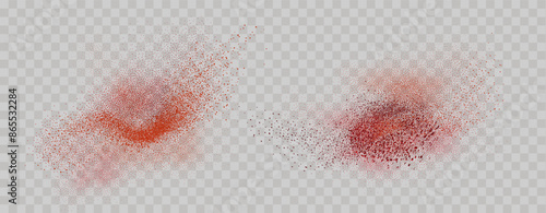 Grainy scatterings of  spicy burst . Splashes of  red pepper powder.Overlay effect chilli or paprika spice splatters. Vector realistic illustration of hot dried spice.