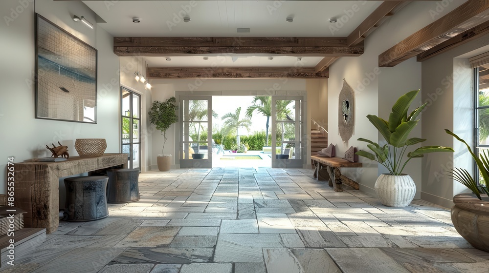 Fototapeta premium modern coastal entrance hall interior with stone tiles and rustic wood ai generated