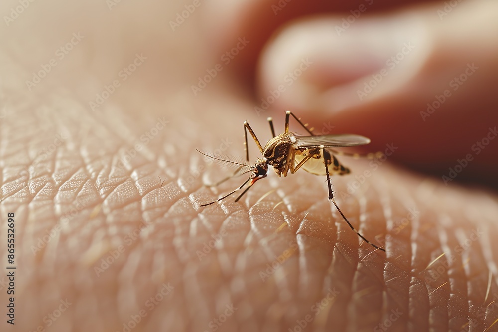 Close-up of a mosquito sucking blood on human skin Close-up of a mosquito sucking blood on human skin