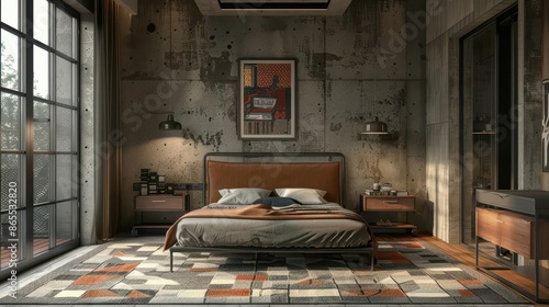 modern industrialstyle bedroom interior with concrete walls metal bed frame warm wood tones geometric rug digital illustration photo