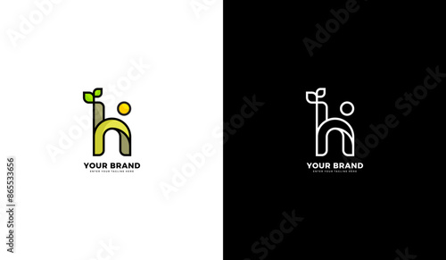Line letter h plant logo. Tree icon, leaf growth. Graphic vector illustration design