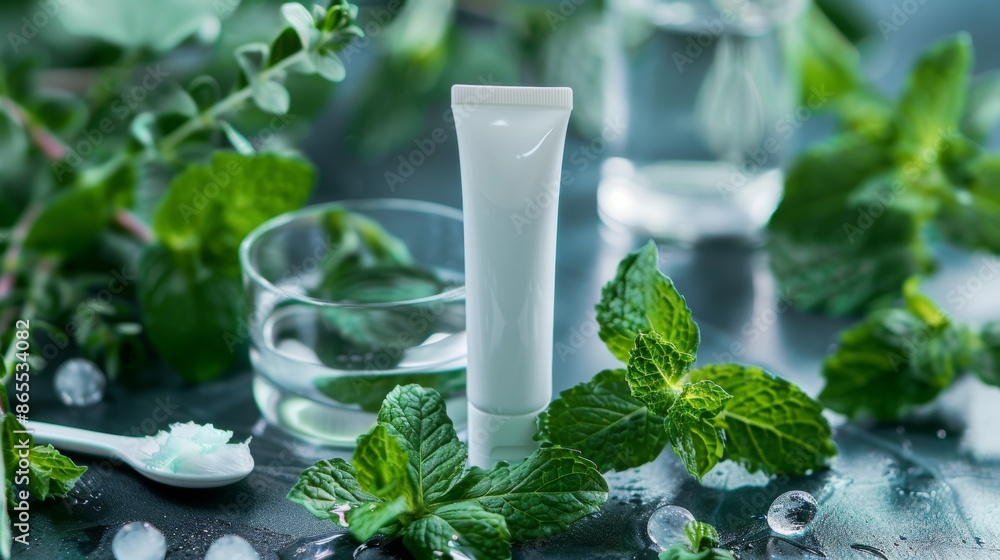 Refreshing Toothpaste Tube with Fresh Mint Leaves and Water for a Clean Feeling Refreshing Toothpaste Tube with Fresh Mint Leaves and Water for a Clean Feeling