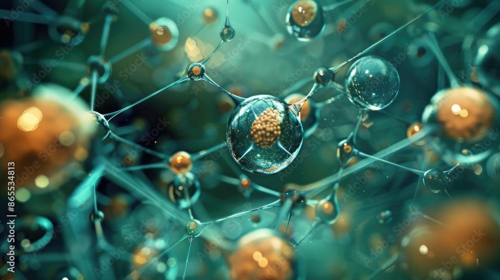 Close-up of molecular structures with detailed atomic bonds and particles, showcasing scientific and biological elements in a vibrant, abstract design. Close-up of molecular structures with detailed atomic bonds and particles, showcasing scientific and biological elements in a vibrant, abstract design.