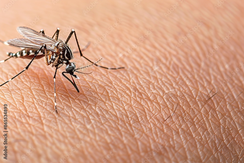 Close-up of a mosquito sucking blood on human skin Close-up of a mosquito sucking blood on human skin