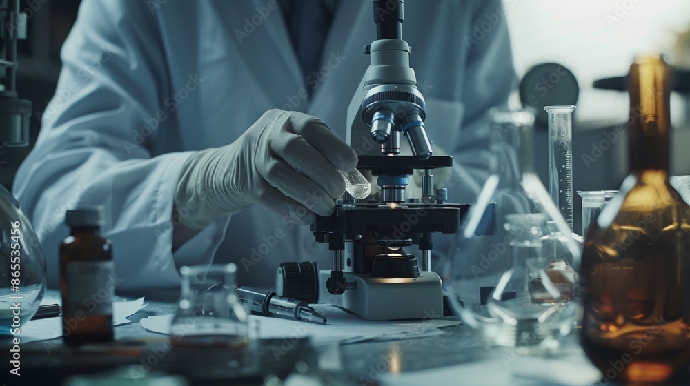 Close up of medical laboratory, scientist hands using microscope, concept of creative, technology. Close up of medical laboratory, scientist hands using microscope, concept of creative, technology.