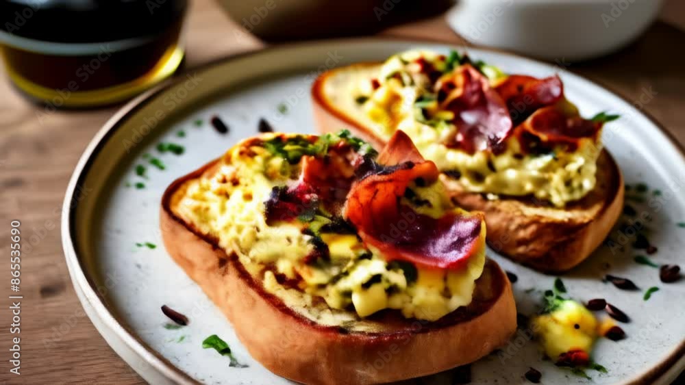 Deliciously baked bread with a savory topping ready to be enjoyed Deliciously baked bread with a savory topping ready to be enjoyed