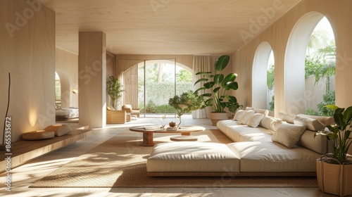 A warm and welcoming living room with minimalist design, featuring natural light and simple furniture. The open space provides a perfect canvas for personalized touches or text overlays.