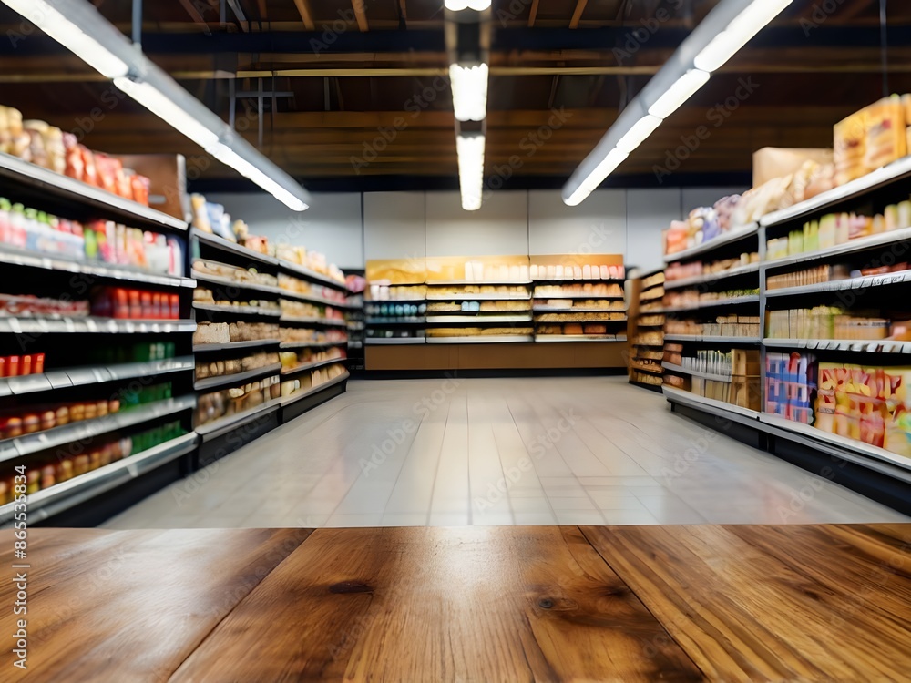 Empty wood table top with supermarket grocery store aisle and shelves blurred background Empty wood table top with supermarket grocery store aisle and shelves blurred background