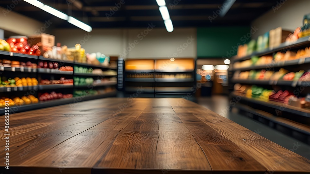 Empty wood table top with supermarket grocery store aisle and shelves blurred background Empty wood table top with supermarket grocery store aisle and shelves blurred background